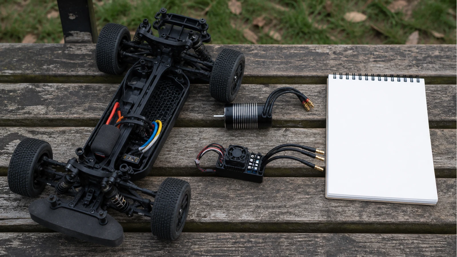 1/10 RC chassis with brushless motor and ESC laid out for a UK conversion checklist
