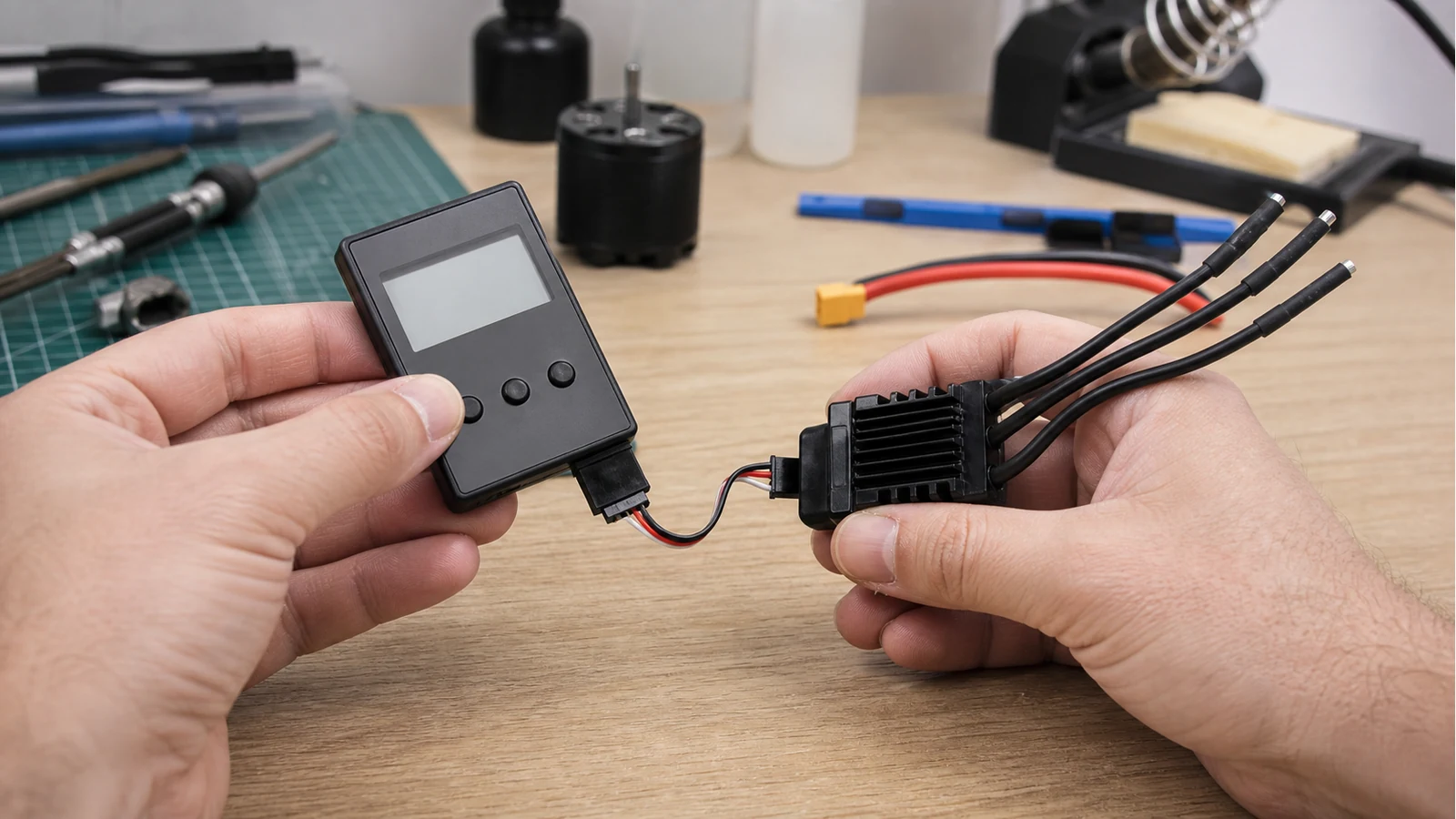 Brushless ESC programming card connected during first UK setup