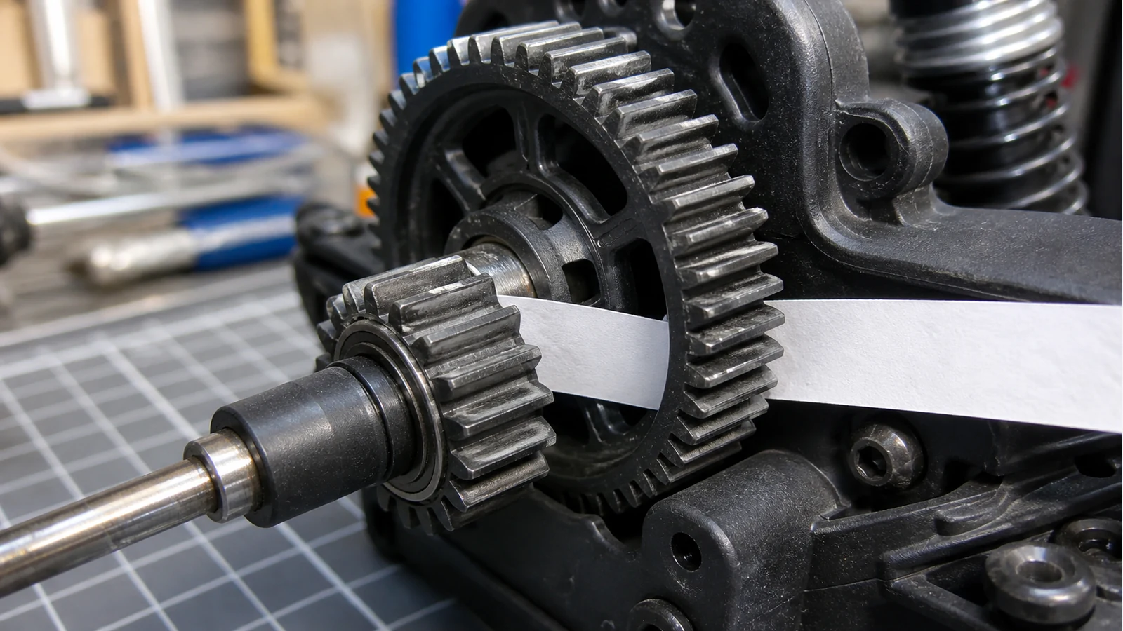 Paper strip used to set RC brushless pinion and spur gear mesh